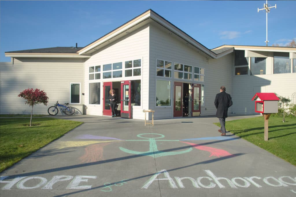 Hope for Anchorage drawn on sidewalk in front of church